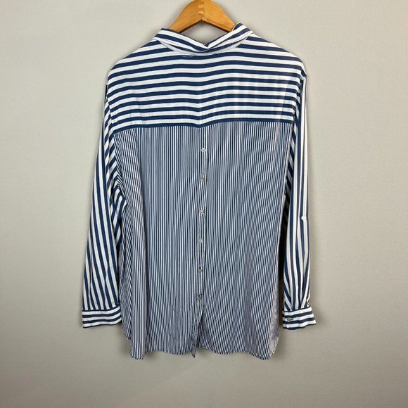 Jane and Delancey Tunic Top 2X Blue White Button Shirt Striped Roll Tab Sleeve - Picture 5 of 10